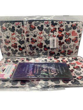 Disney Mickey Mouse Bags & Notepad Set Red & Black Patterns Zippered Pouches New